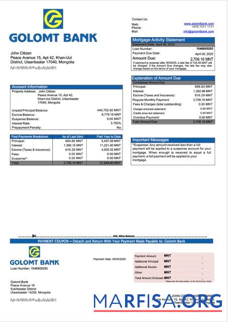 Blank Mongolia Golomt Bank mortgage statement Word and PDF template